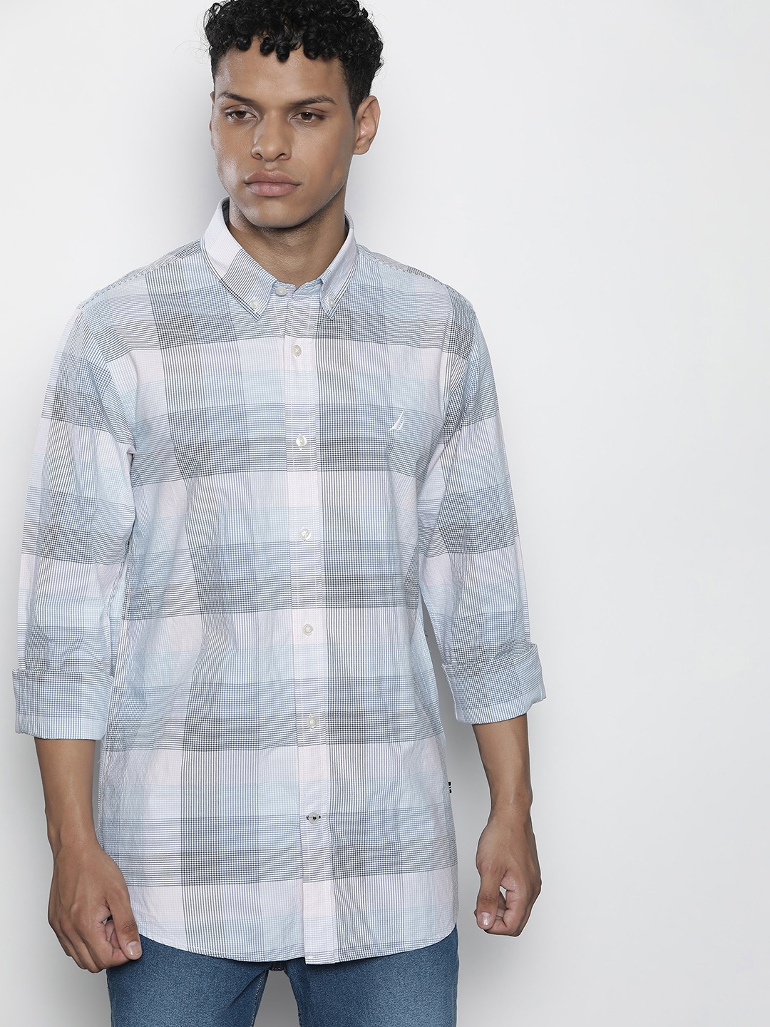 

Nautica Classic Micro Checks Pure Cotton Opaque Casual Shirt, Blue