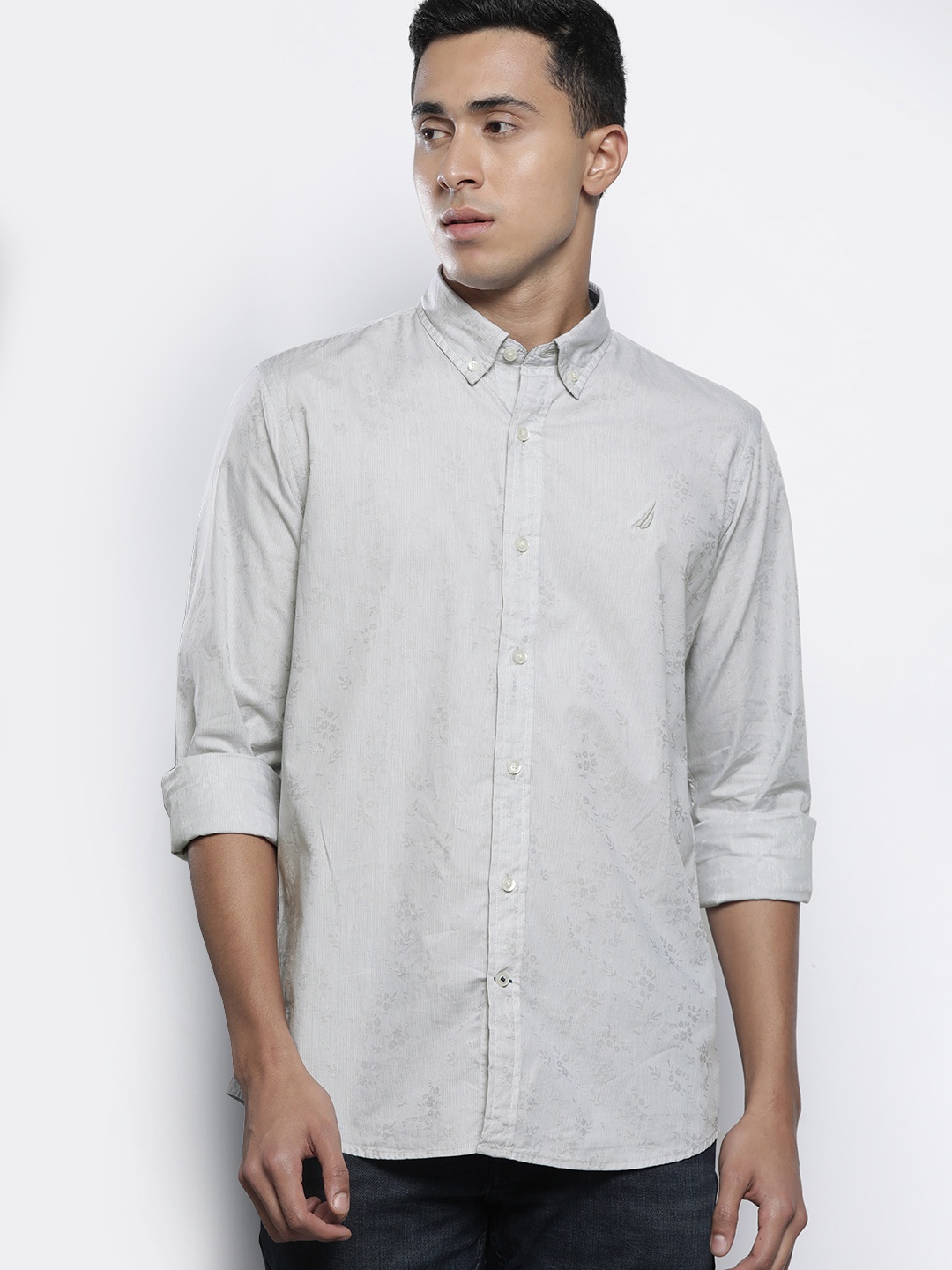 

Nautica Classic Fit Self Design Striped Pure Cotton Casual Shirt, Grey
