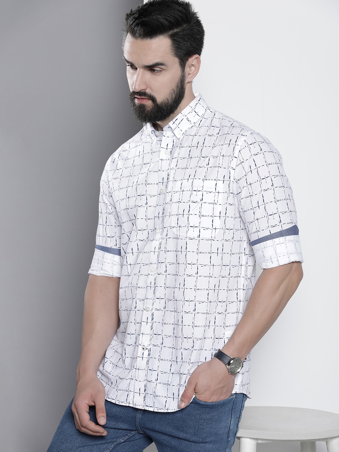 

Nautica Slim Fit Checked Pure Cotton Casual Shirt, White