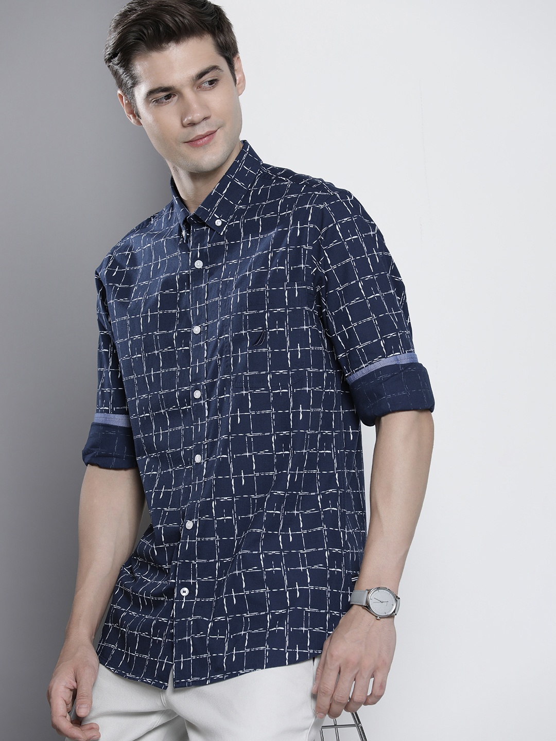 

Nautica Slim Fit Checked Pure Cotton Casual Shirt, Navy blue
