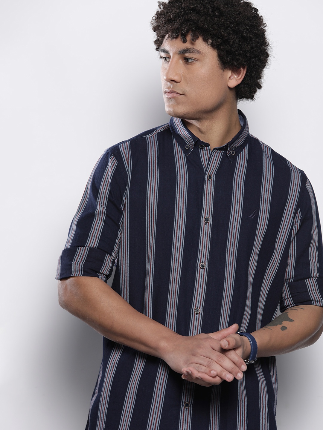 

Nautica Men Cotton Classic Fit Striped Shirt, Navy blue