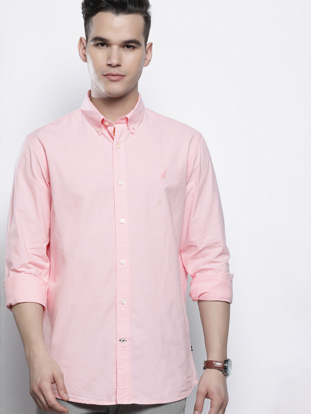 

Nautica Men Pure Cotton Textured Classic Casual Shirt, Pink