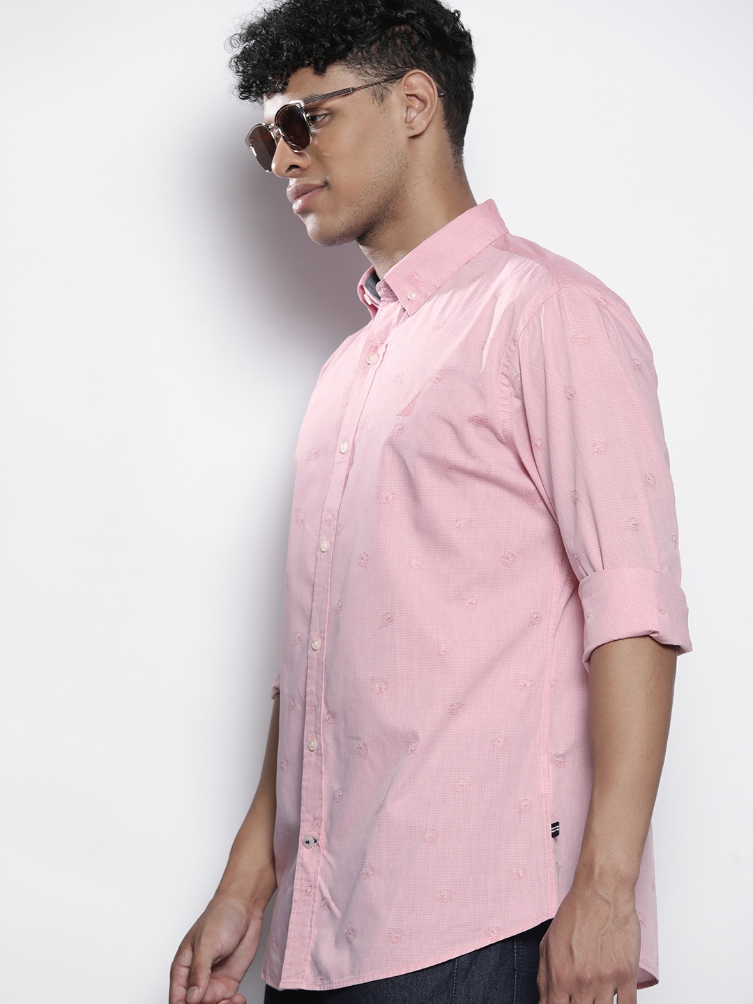 

Nautica Slim-Fit Micro-Checked Thread Work Detailed Pure Cotton Casual Shirt, Pink