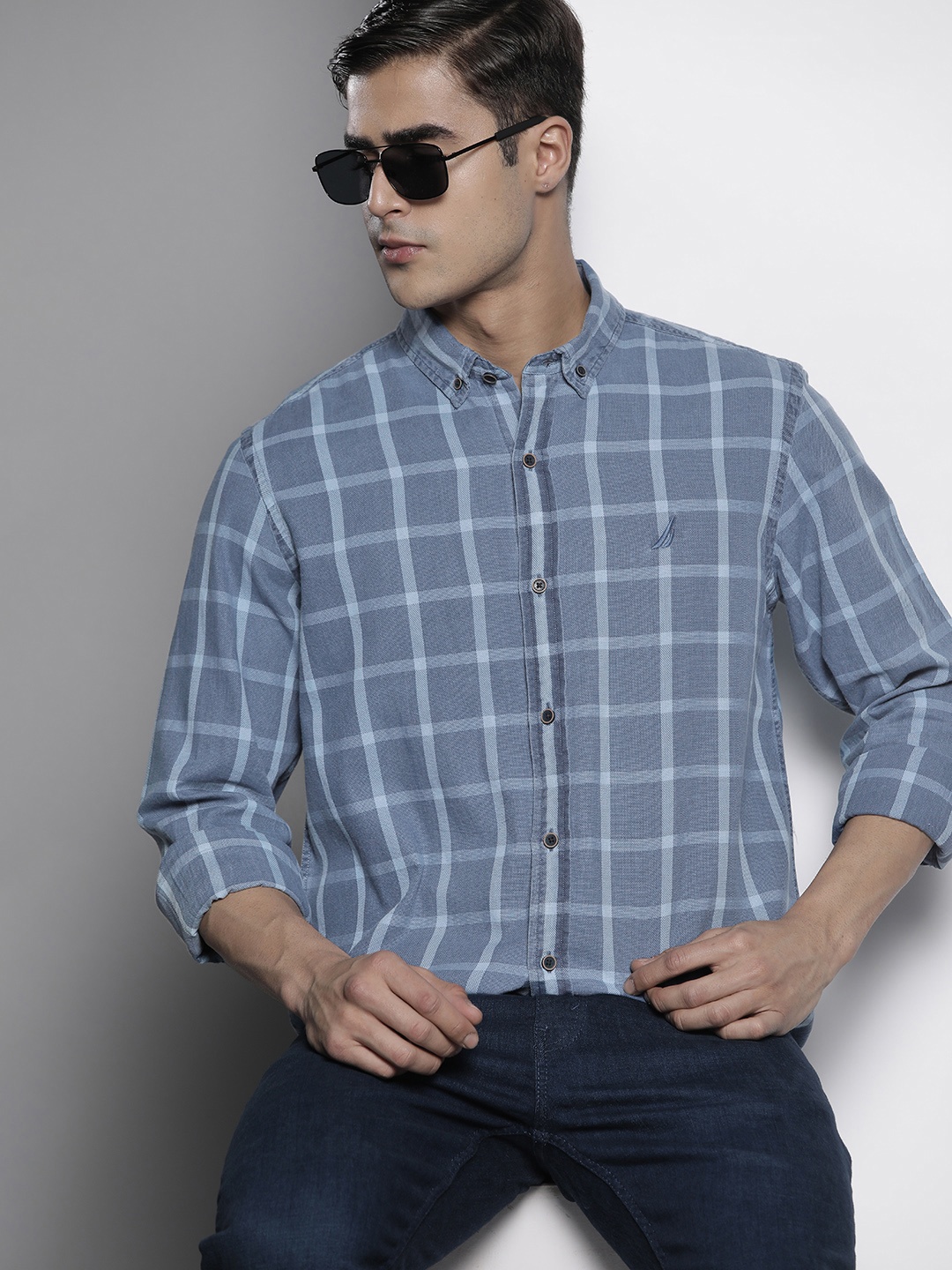 

Nautica Men Cotton Buffalo Checks Casual Shirt, Blue