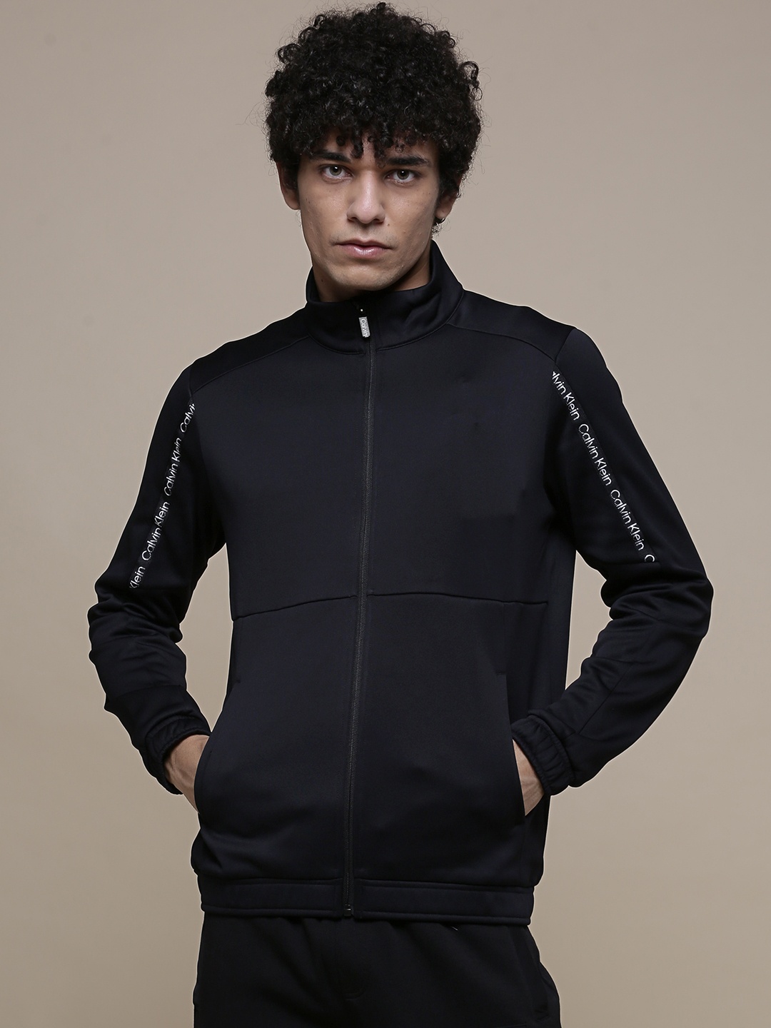 

Calvin Klein Jeans Men Black Solid Open-Front Sweatshirt with Typography Sleeves