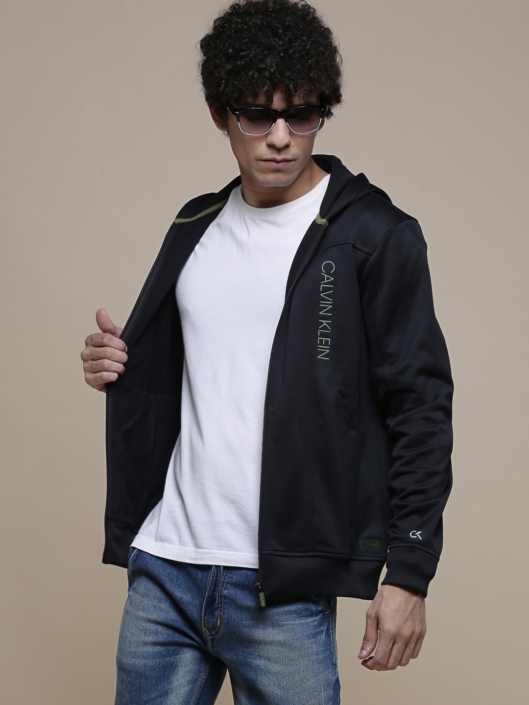 

Calvin Klein Jeans Men Black Brand Logo Printed Open-Front Hooded Sweatshirt