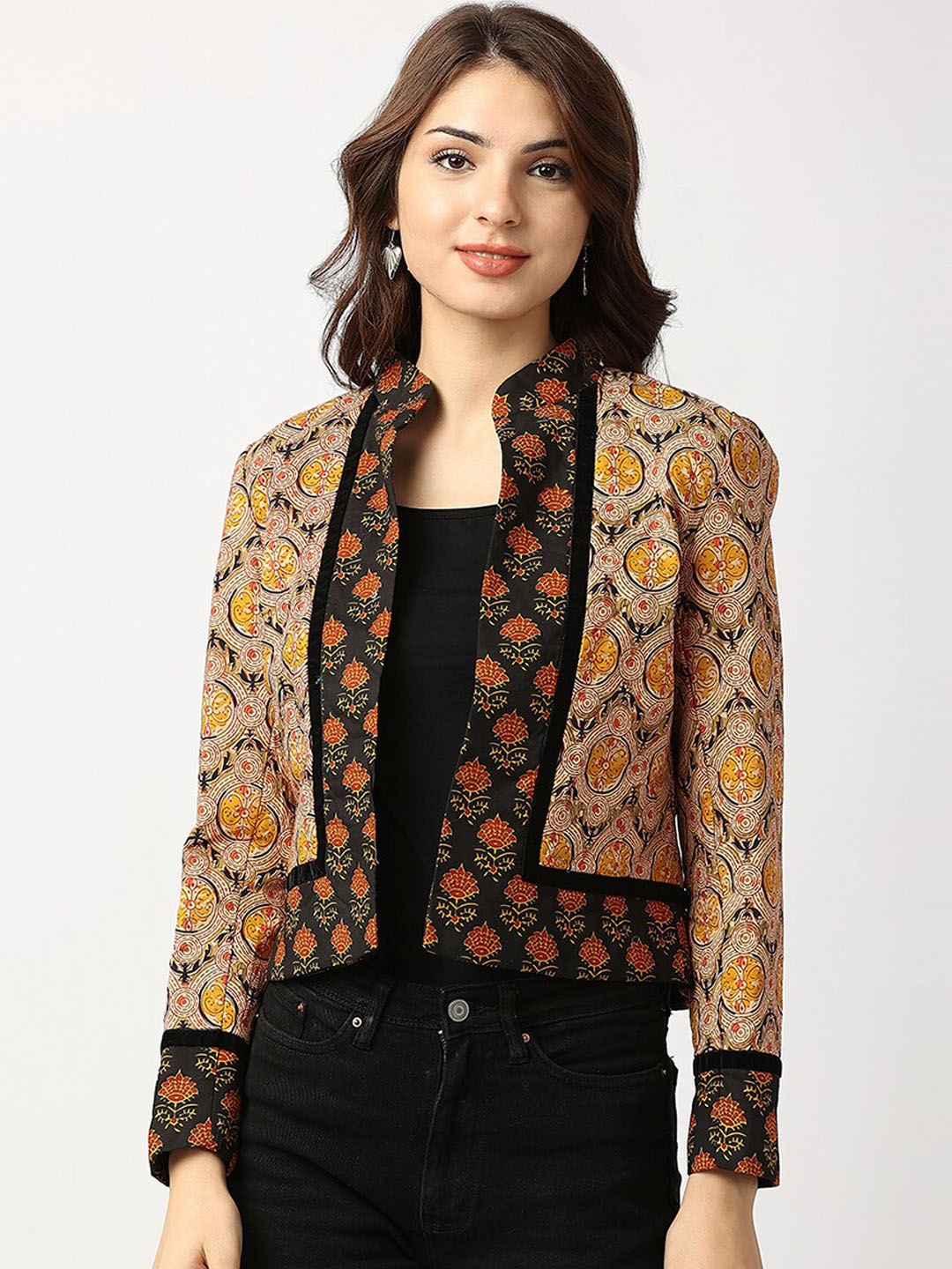 

aaliya Women Black Orange Geometric Crop Open Front Jacket