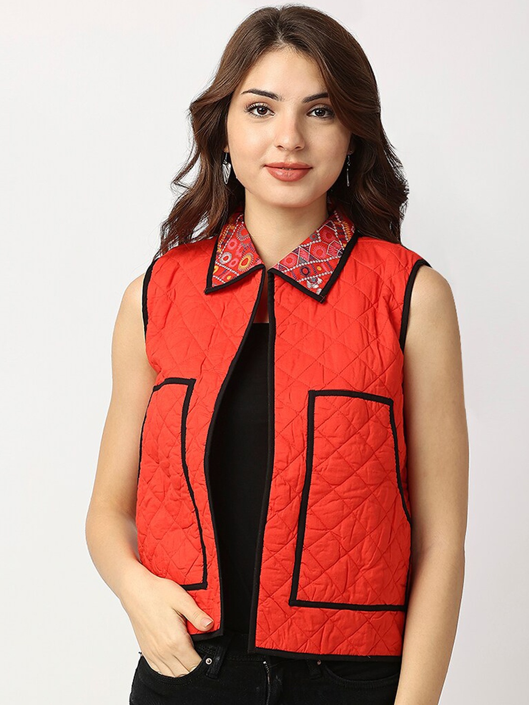 

aaliya Women Red Geometric Crop Open Front Jacket