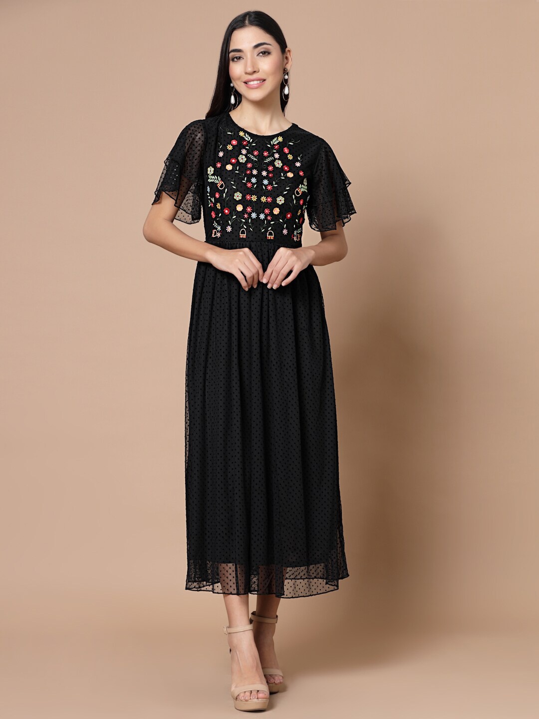 

Strong And Brave Odour Free Floral Embroidered Net Dress, Black