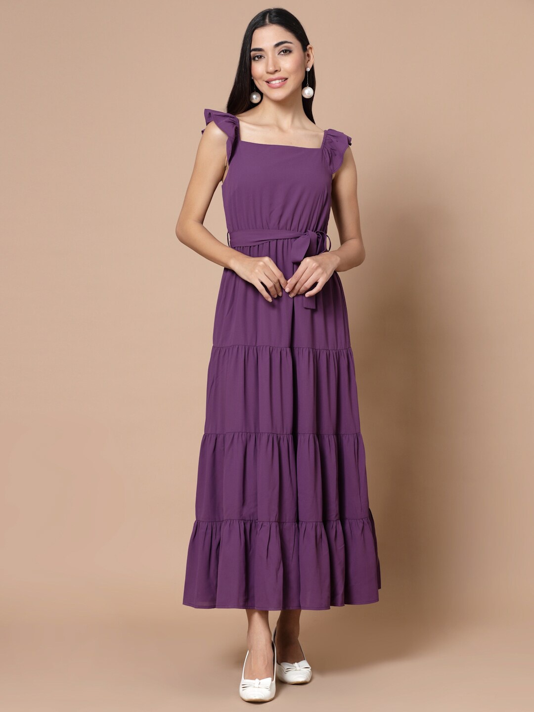 

Strong And Brave Odour Free Solid Georgette Tiered Maxi Dress, Purple