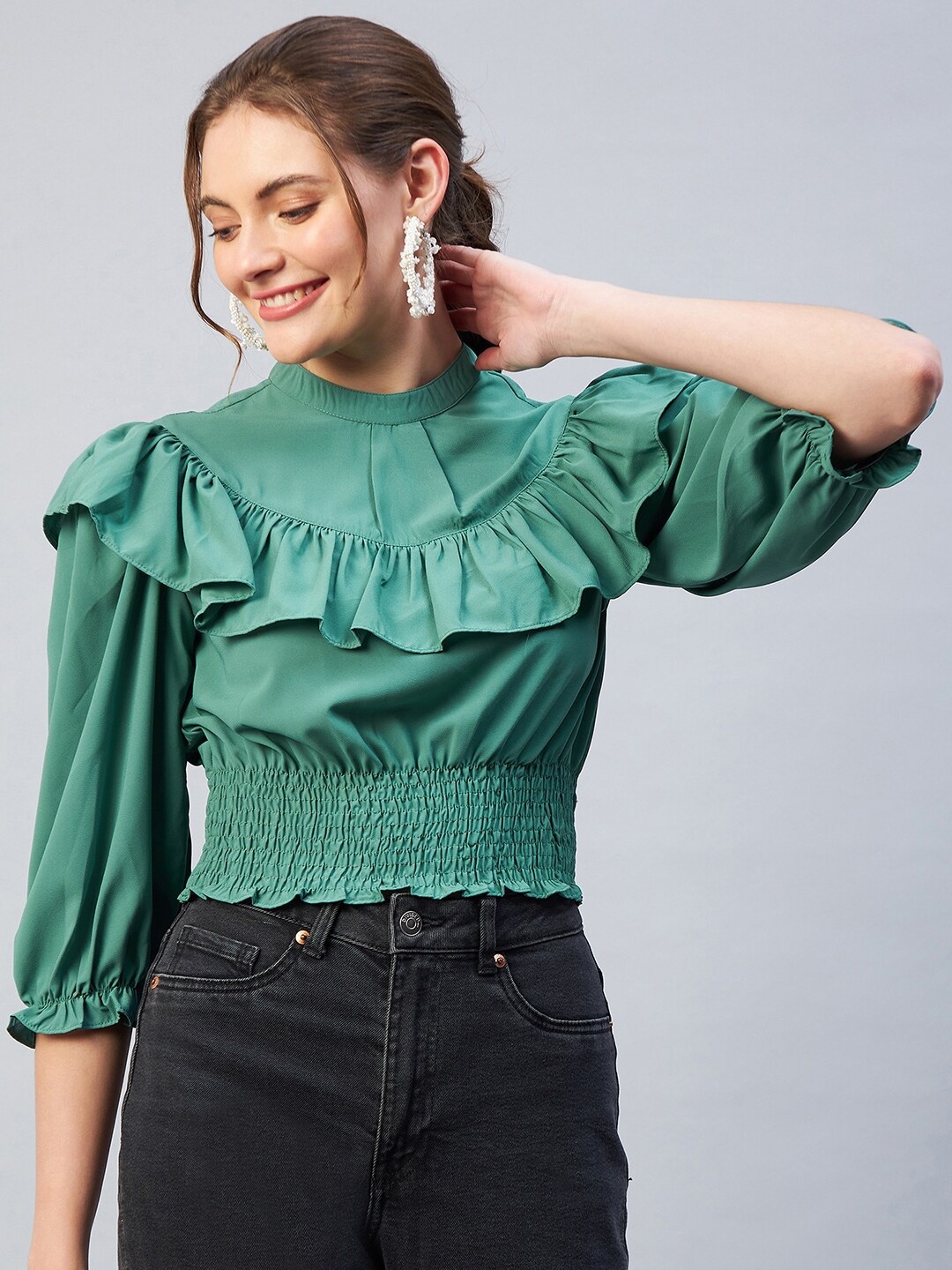 

Carlton London Women Green Solid Polyester Blouson Crop Top