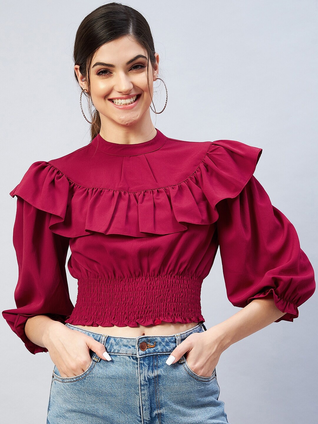 

Carlton London Women Maroon Solid Polyester Blouson Crop Top