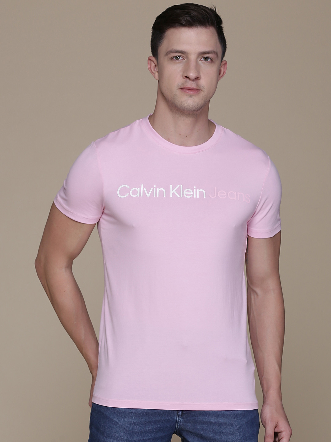 

Calvin Klein Jeans Men Pink Brand Logo Printed Slim Fit T-shirt