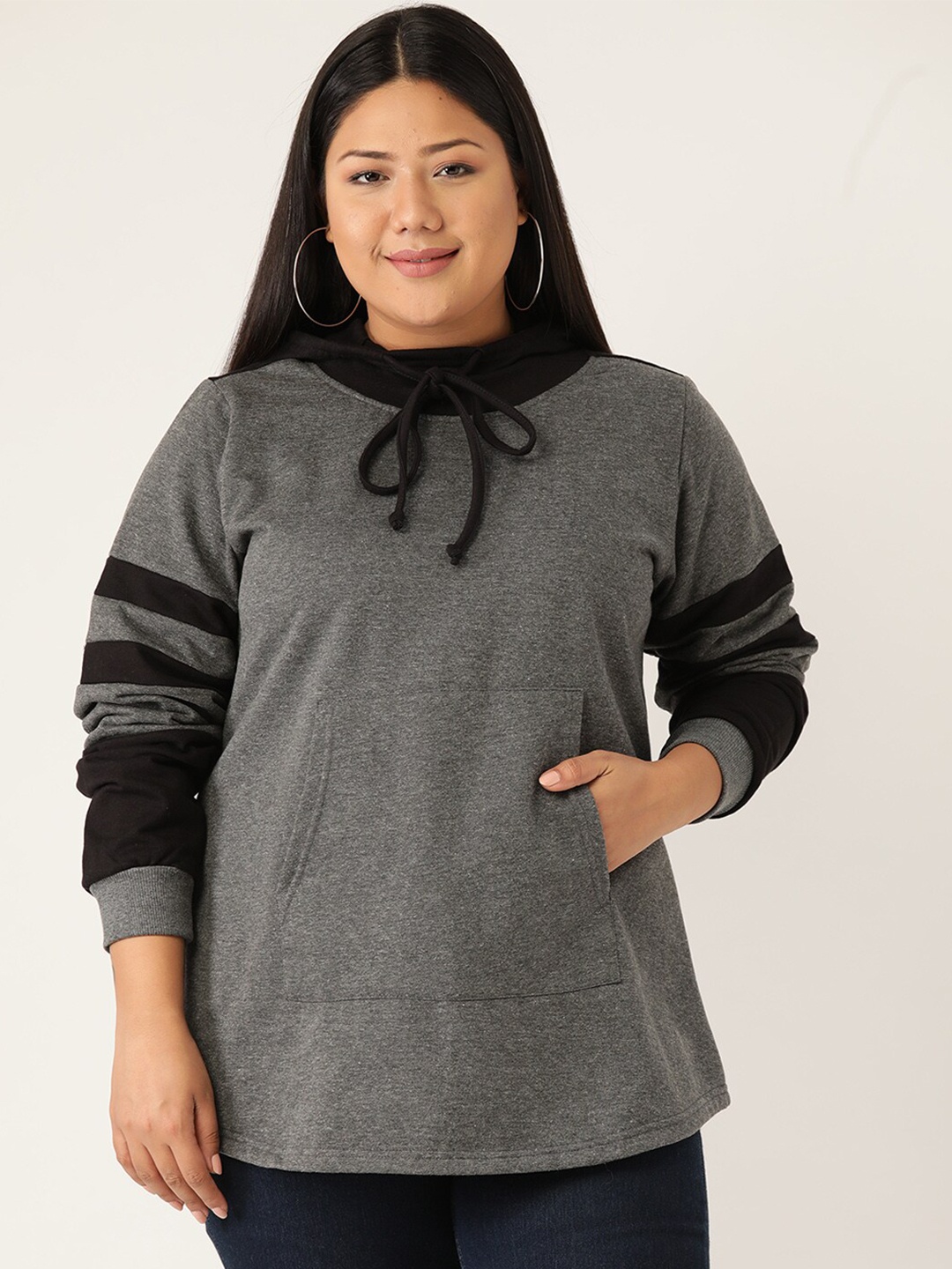 

theRebelinme Women Charcoal & Black Colourblocked Hooded Sweatshirt