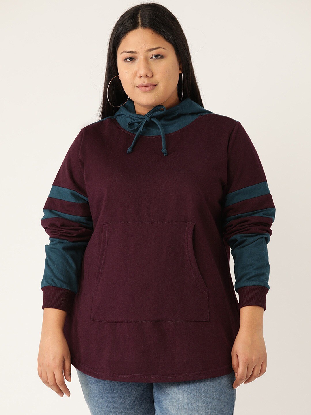 

theRebelinme Women Burgundy & Blue Colourblocked Hooded Sweatshirt