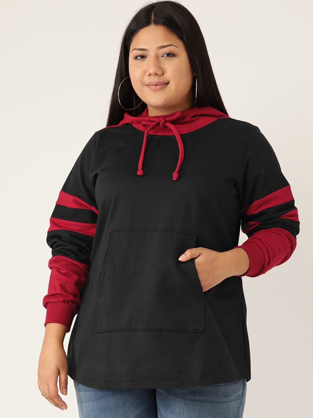 

theRebelinme Women Black & Maroon Colourblocked Hooded Sweatshirt