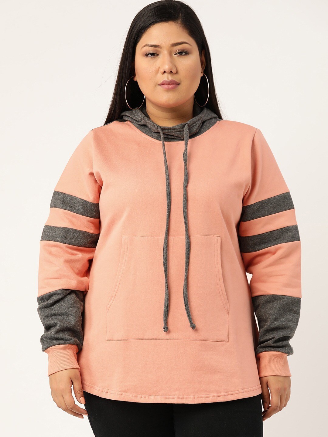 

theRebelinme Women Pink & Grey Colourblocked Hooded Sweatshirt