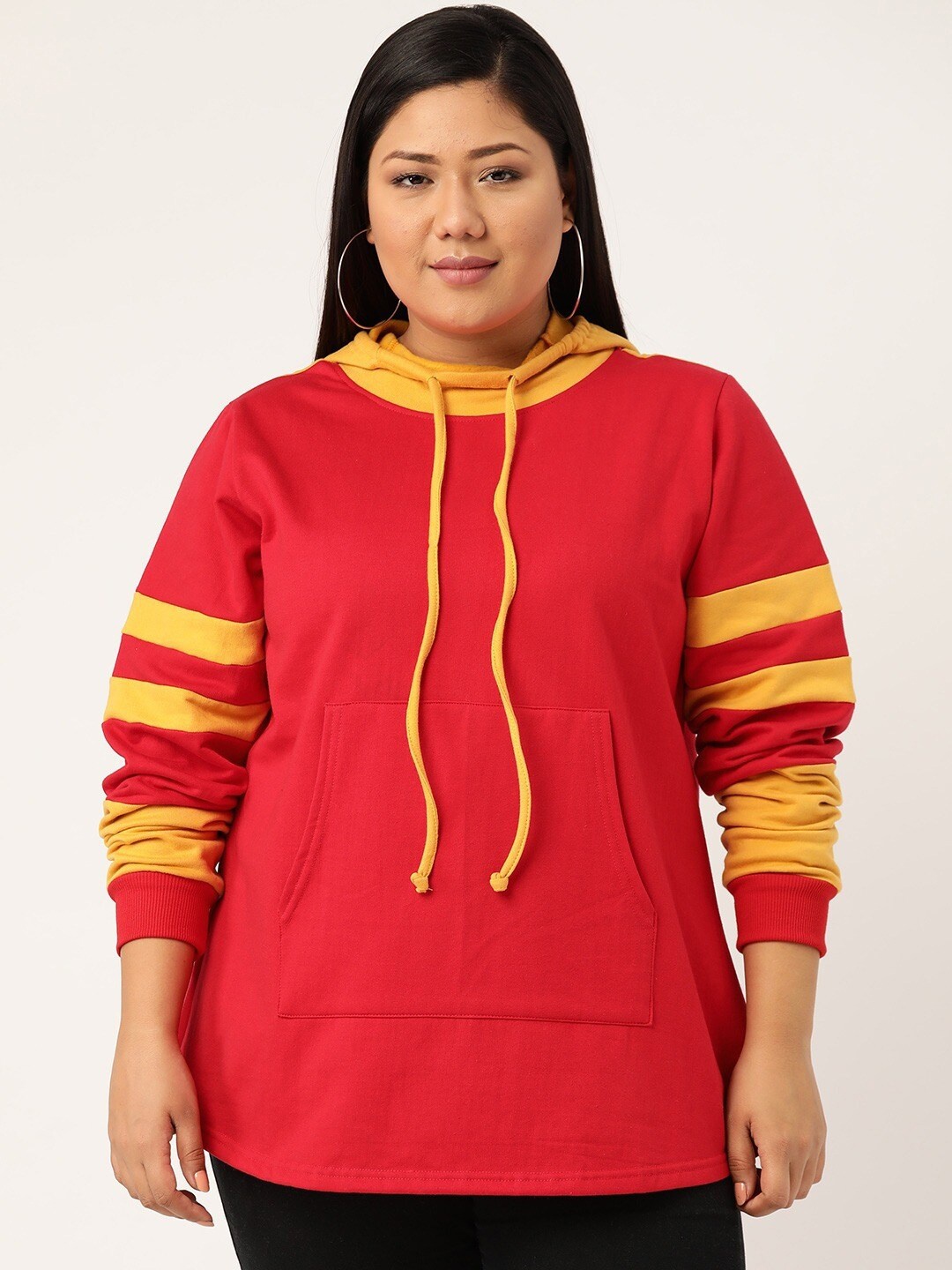 

theRebelinme Women Red & Yellow Colourblocked Hooded Sweatshirt