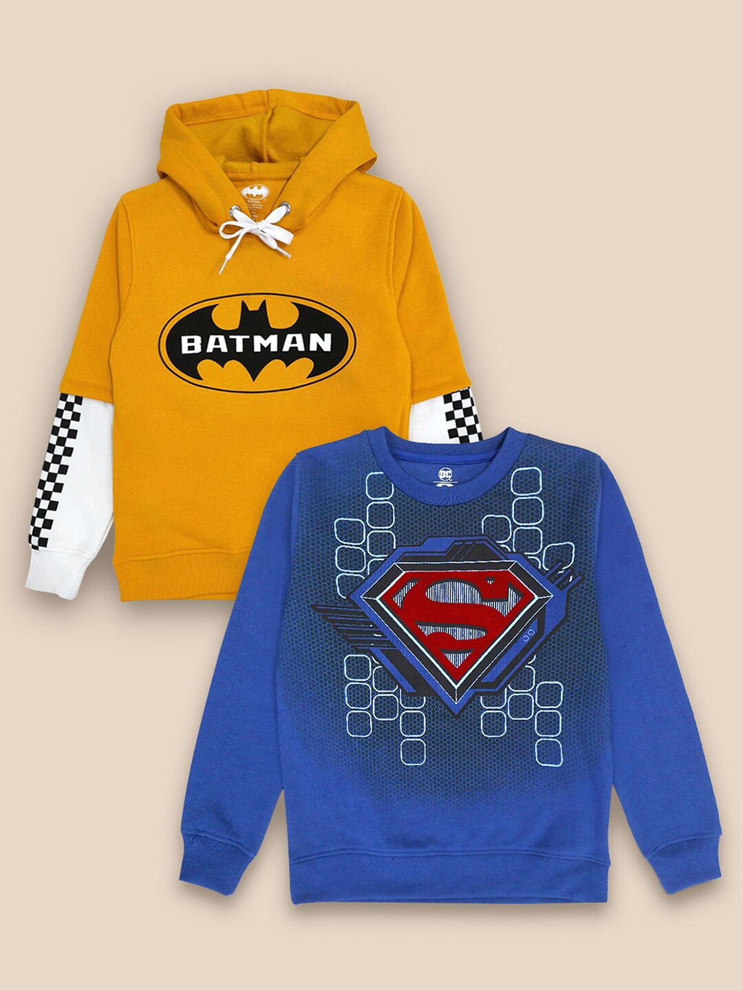 

Kids Ville Boys Pack Of 2 DC Comics Batman & Superman Printed Hooded Sweatshirt, Blue