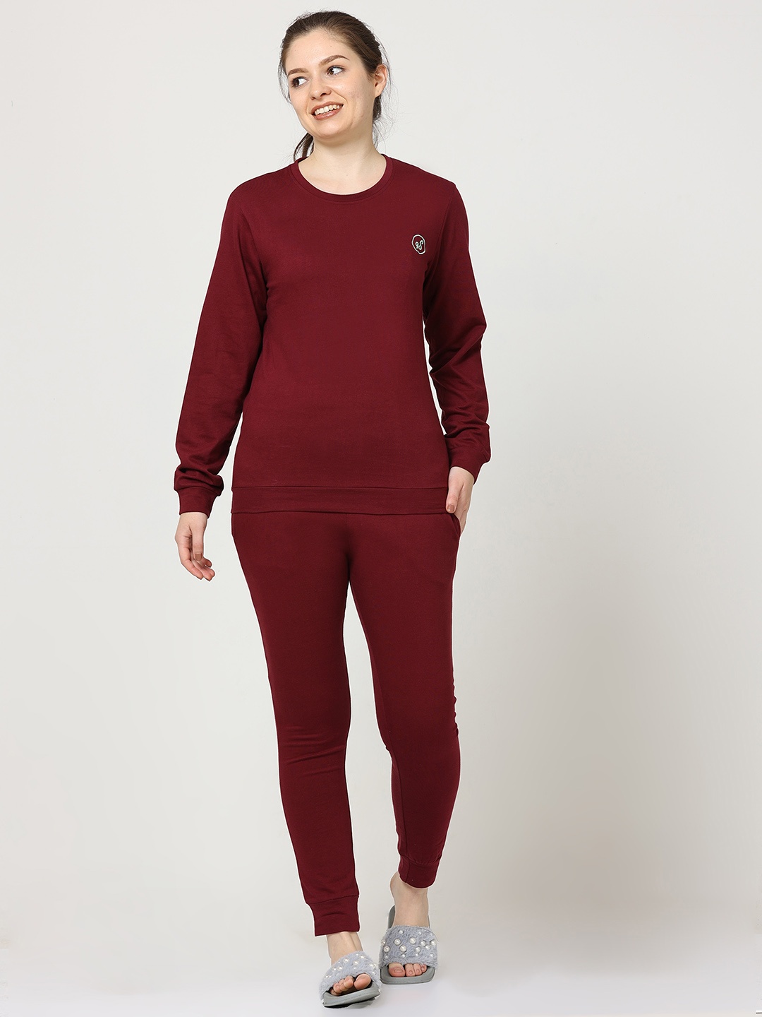 

9shines Label Women Maroon Cotton T-Shirt and Pyjama Night suit 9SW-DM-S