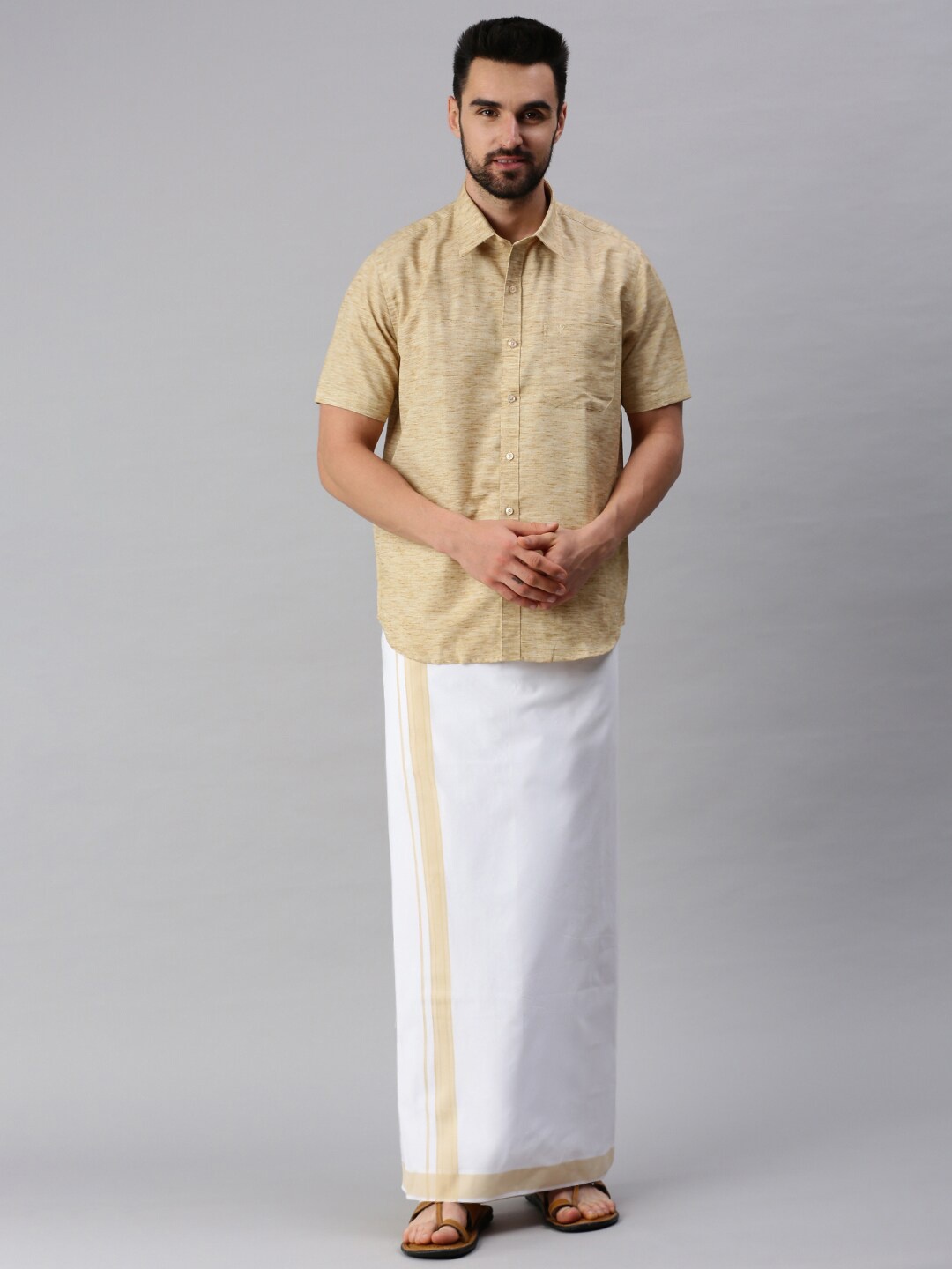 

Ramraj Men Mustard Pure Cotton Solid Shirt and Dhoti set
