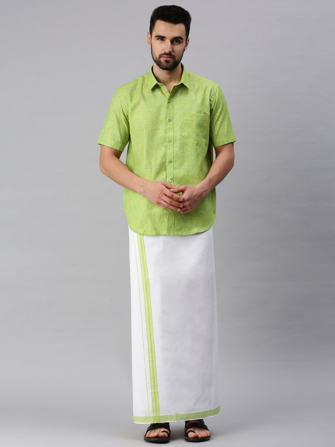 

Ramraj Men Lime Green Pure Cotton Solid Half Sleeve Shirt and Dhoti set