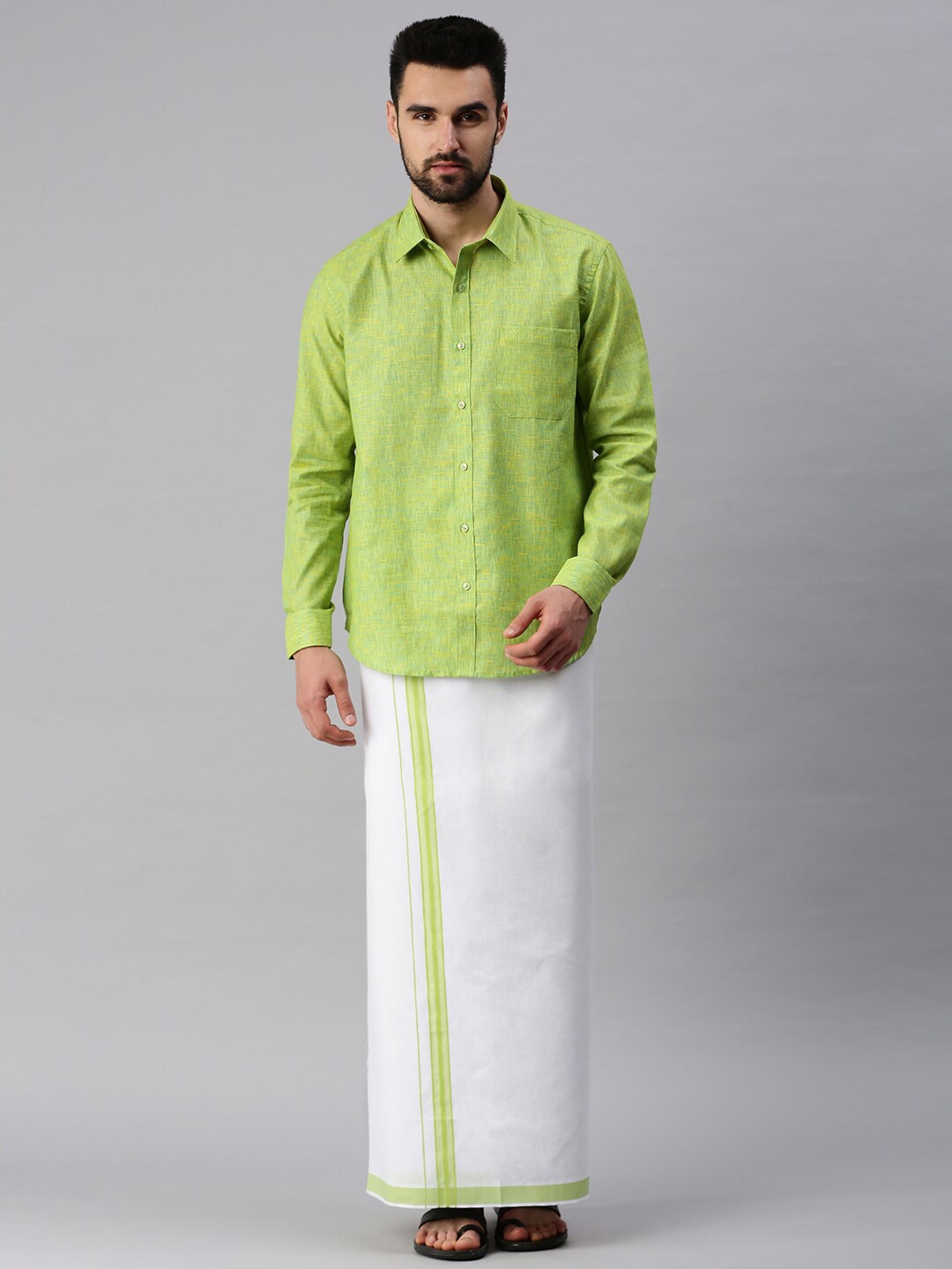 

Ramraj Men Lime Green Pure Cotton Solid Full Sleeve Shirt & Dhoti set