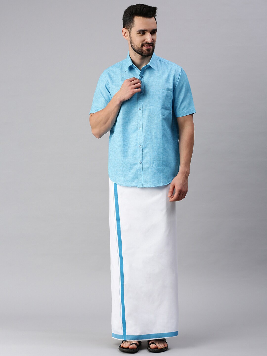 

Ramraj Men Blue Pure Cotton Solid Half Sleeve Shirt & Dhoti set