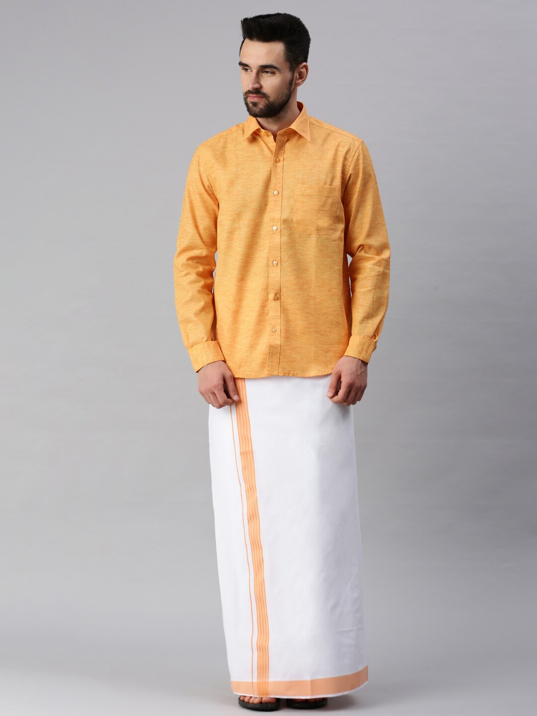 

Ramraj Men Orange Pure Cotton Solid Full Sleeve Shirt and Dhoti set