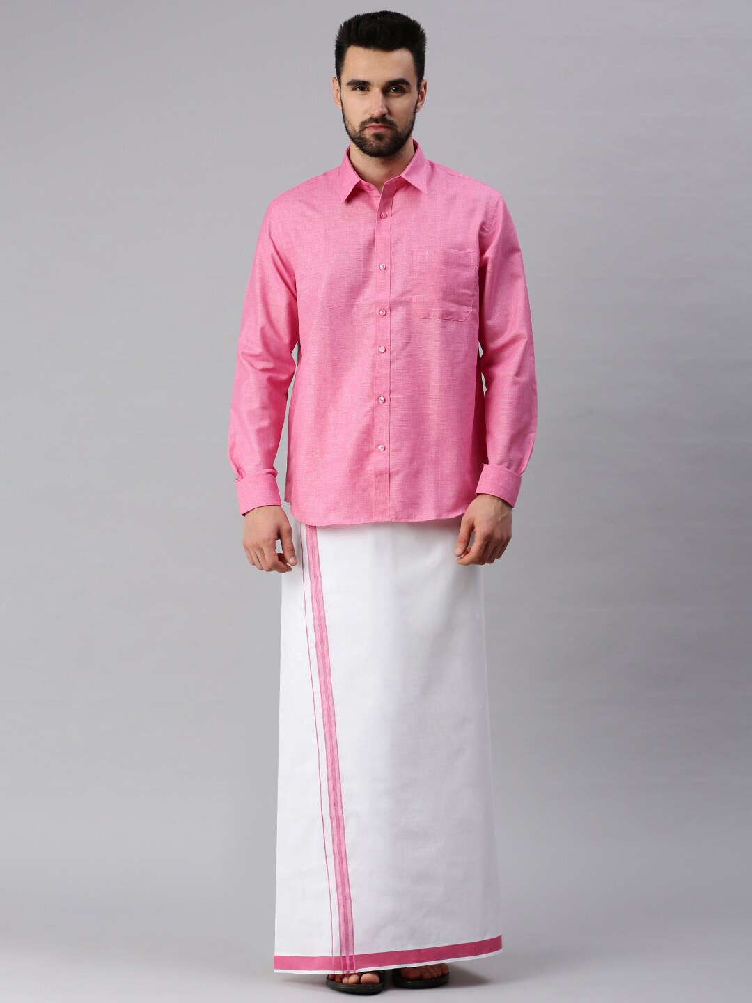 

Ramraj Men Pink Pure Cotton Solid Full Sleeve Shirt & Dhoti set