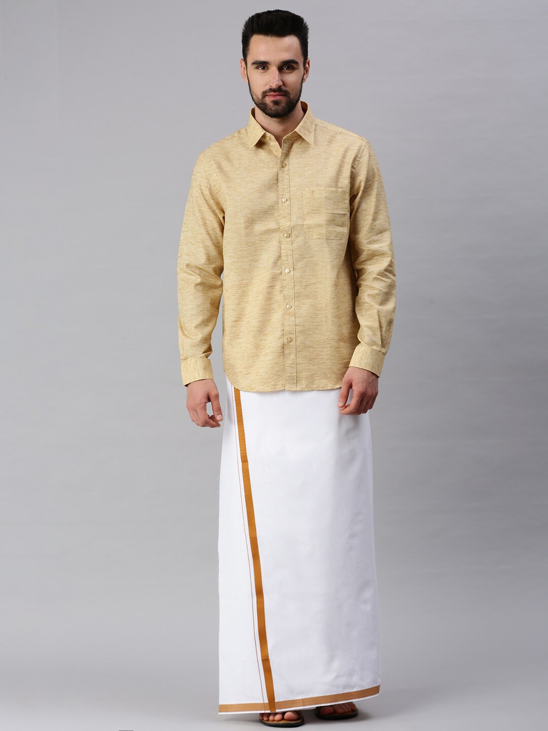 

Ramraj Men Mustard Pure Cotton Solid Shirt and Dhoti set