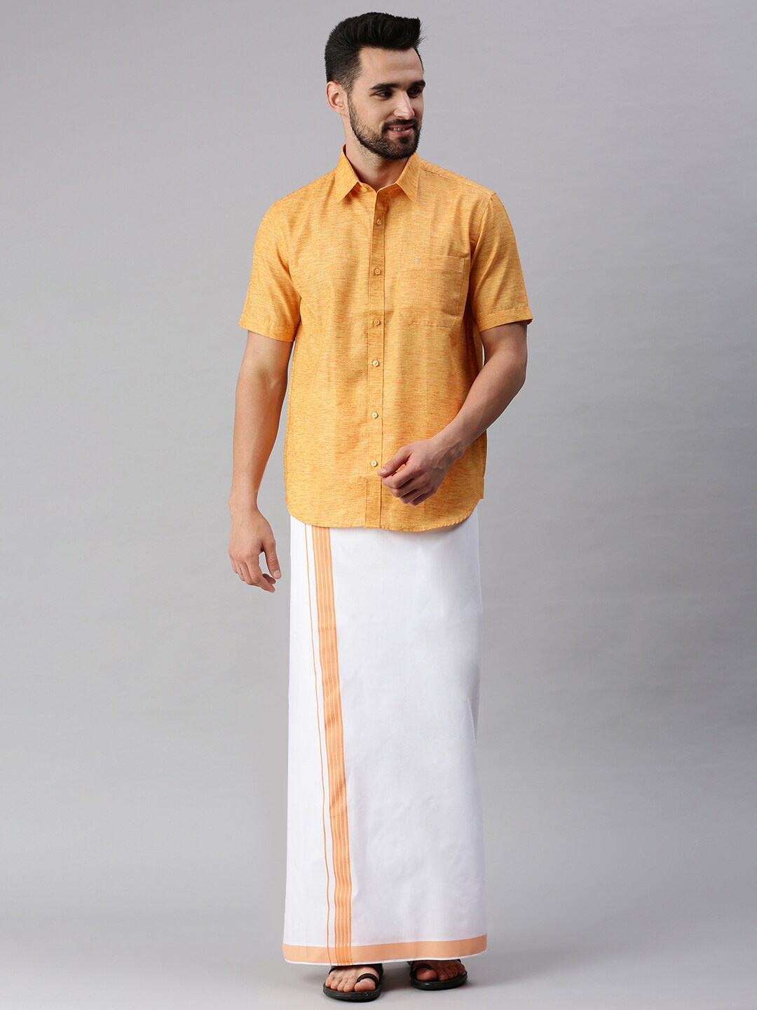 

Ramraj Pure Cotton Men Orange Solid Half Sleeve Shirt and Dhoti set