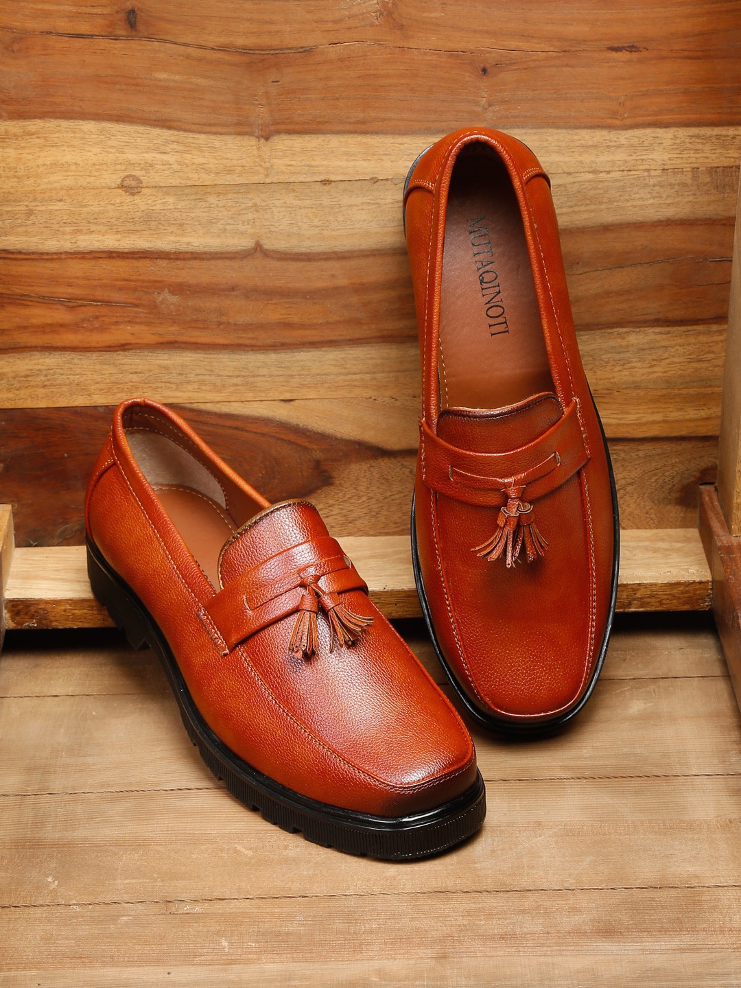 MUTAQINOTI Men Tan Brown Textured Leather Formal Loafers