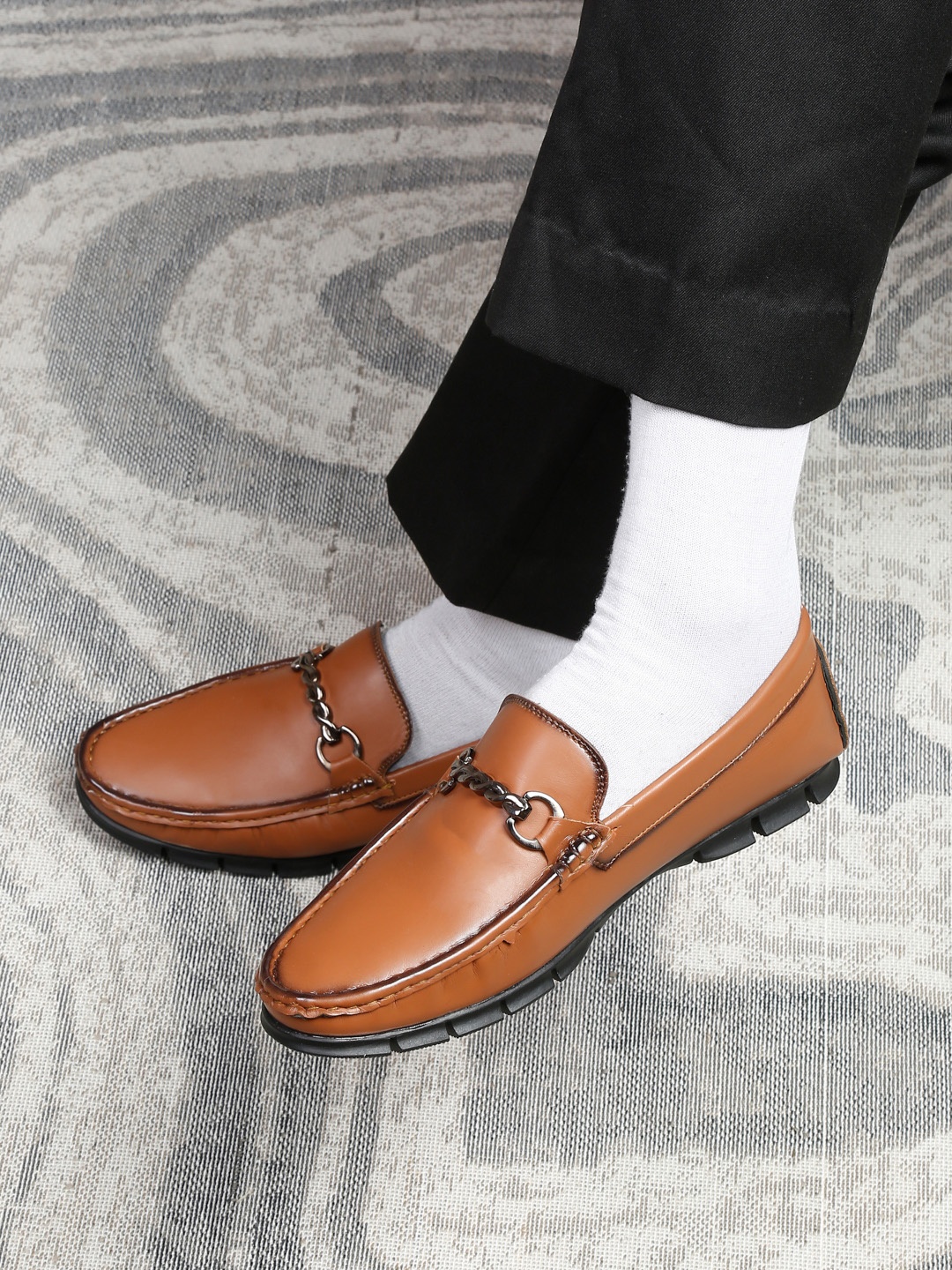 

MUTAQINOTI Men Brown Solid Leather Formal Loafers