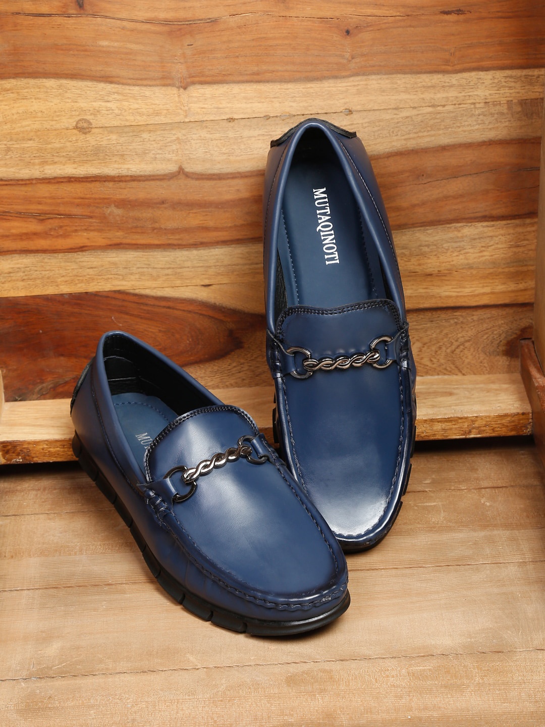 

MUTAQINOTI Men Blue Solid Leather Formal Loafers