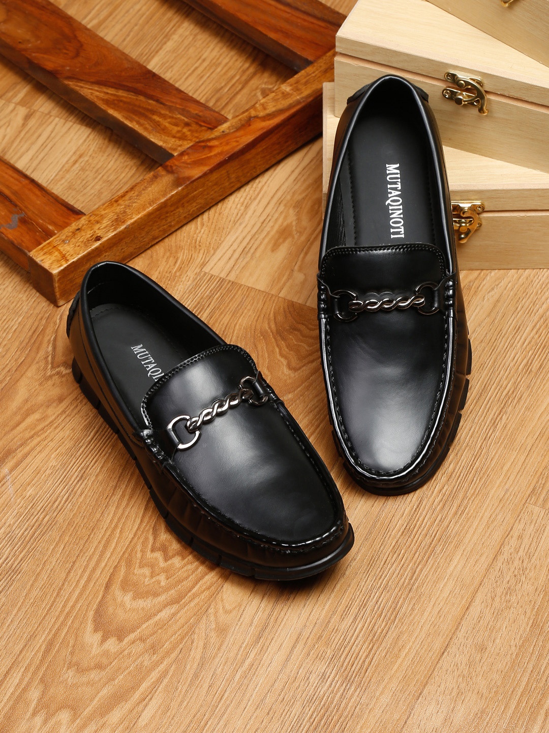 

MUTAQINOTI Men Black Leather Formal Loafers