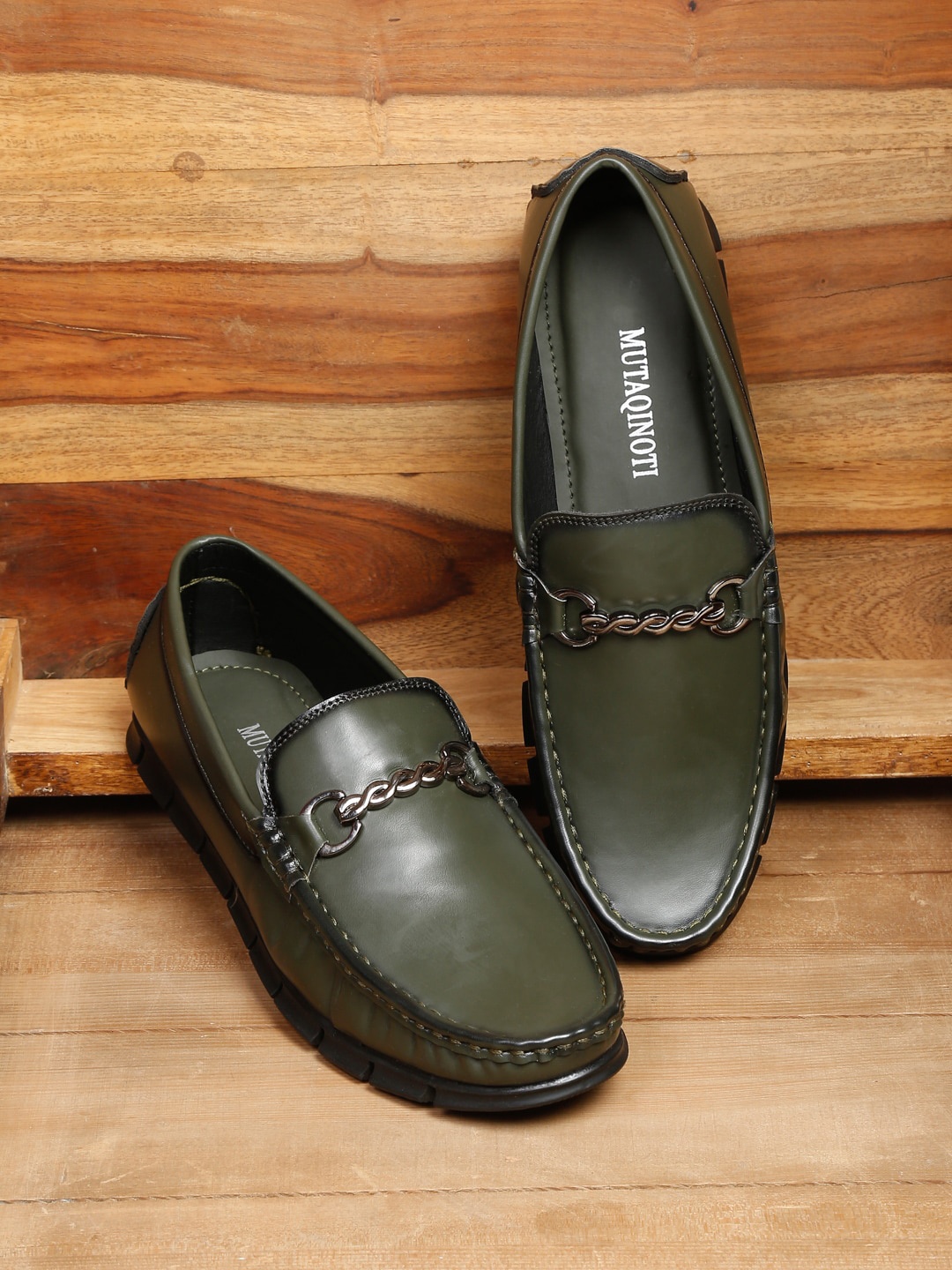 

MUTAQINOTI Men Green Leather Formal Loafers