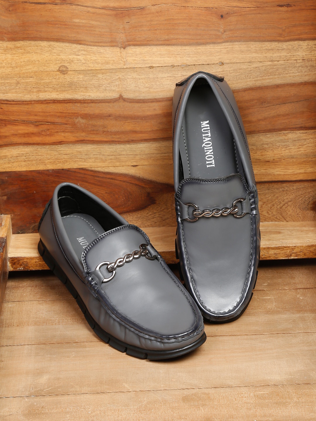 

MUTAQINOTI Men Grey Leather Formal Loafers