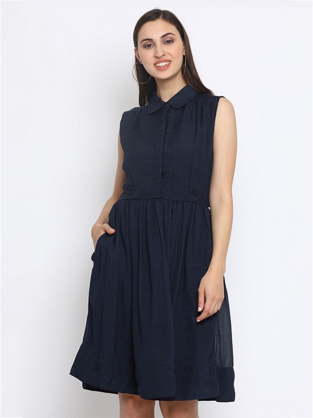 

SQew Women Navy Blue Solid Georgette Dress