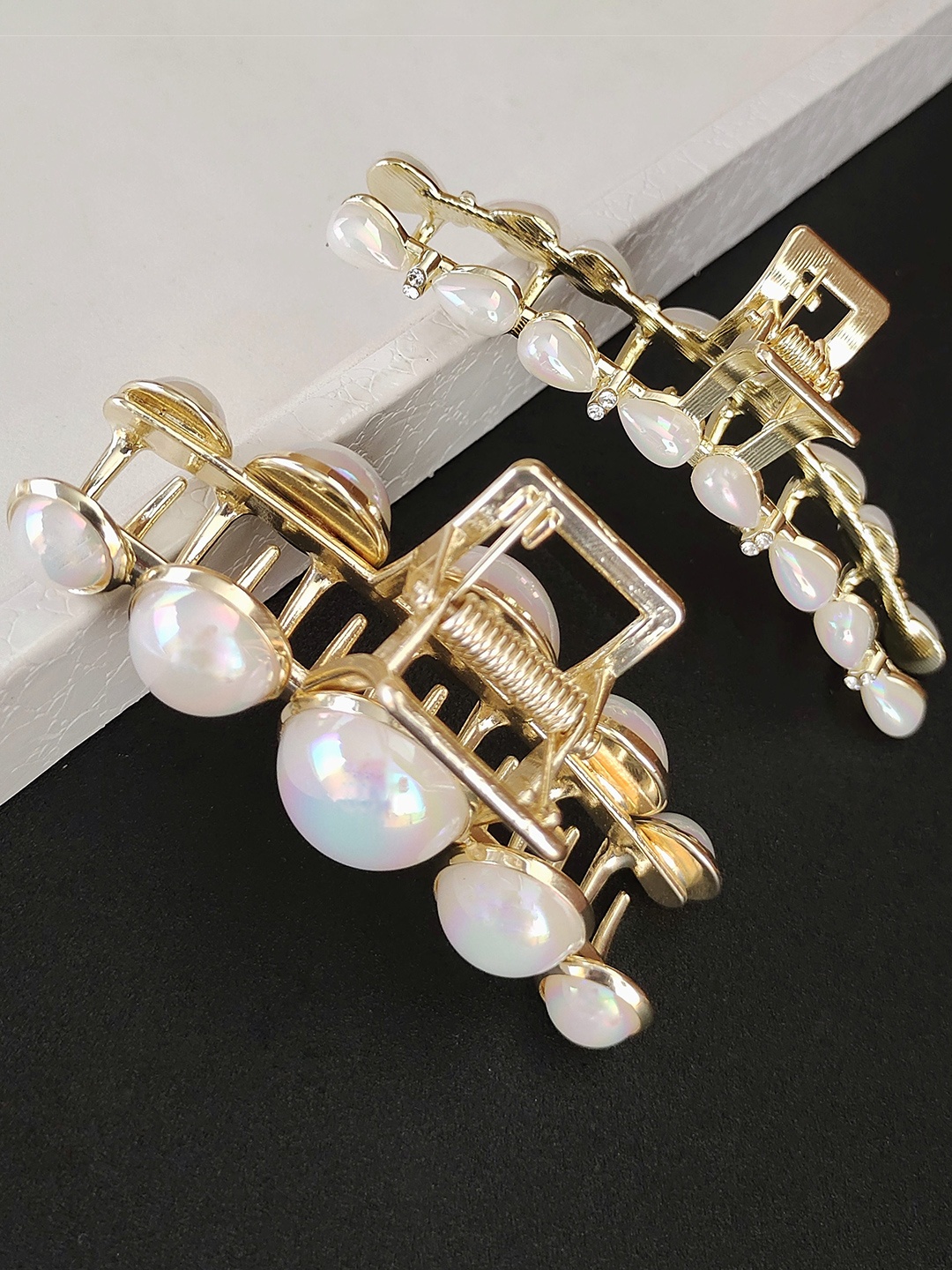 

ANNA CREATIONS Women Set of 2 Gold-Toned & White Embellished Claw Clip