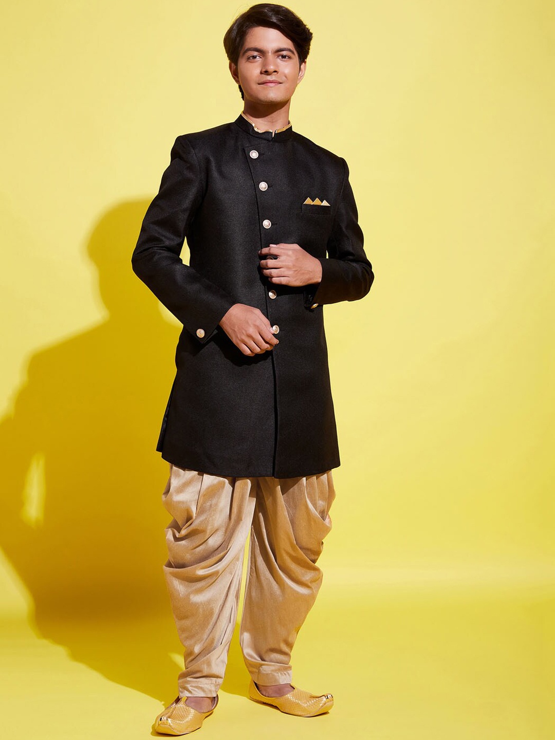 

VASTRAMAY Boys Black & Rose Gold Solid Sherwani With Dhoti Pants