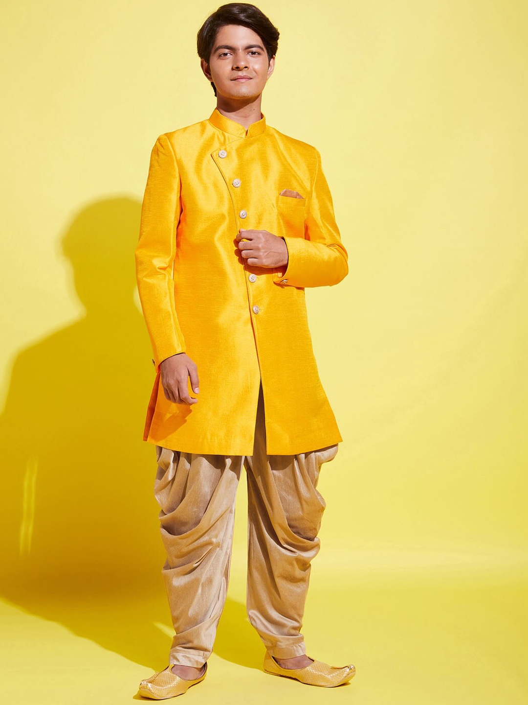 

VASTRAMAY YUVA Boys Mustard Yellow & Rose Gold Solid Sherwani Set