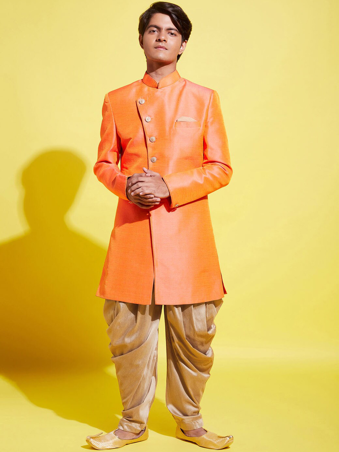 

VASTRAMAY Boys Orange & Rose Gold Solid Sherwani Set