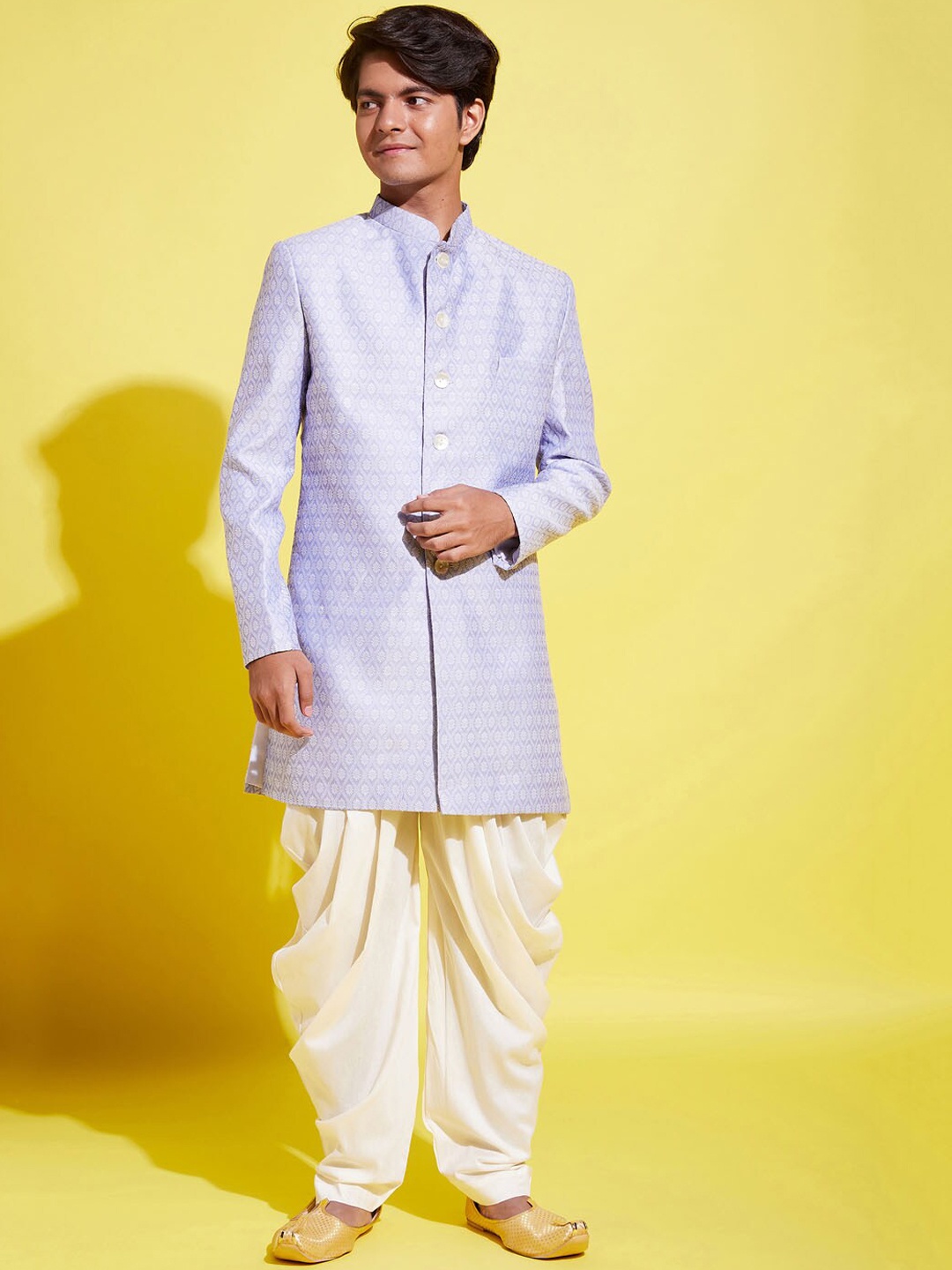 

VASTRAMAY Boys Lavender Printed Slim-Fit Sherwani With Dhoti Pants Set