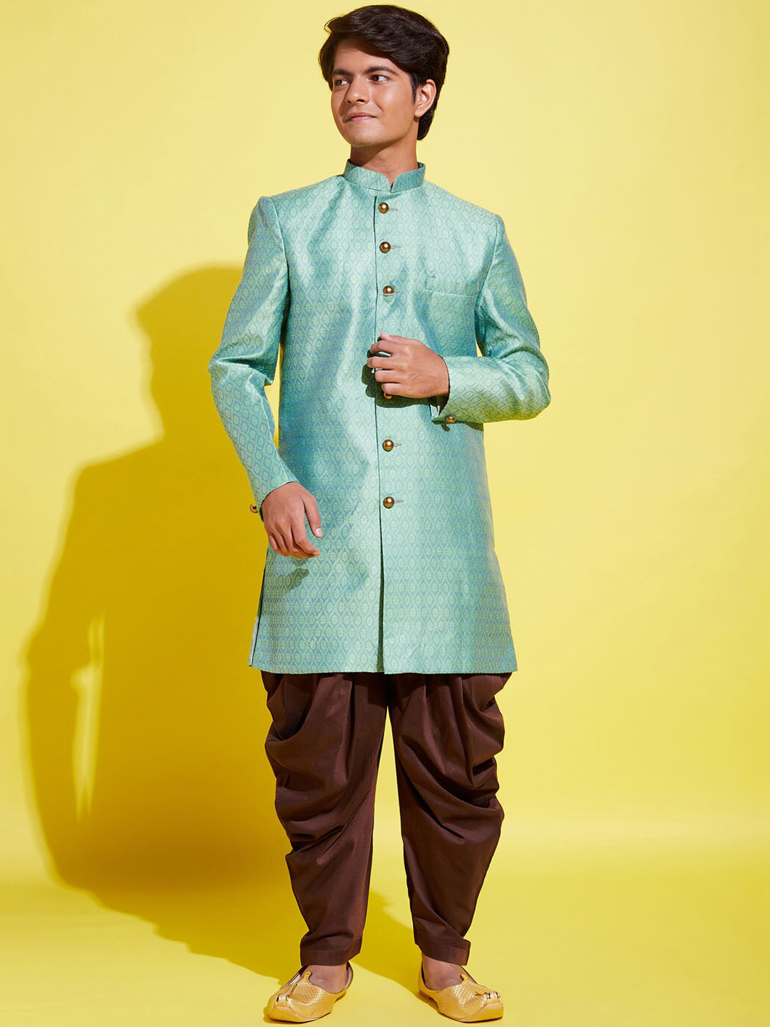 

VASTRAMAY Boys Green Jacquard Design Sherwani With Brown Dhoti pants
