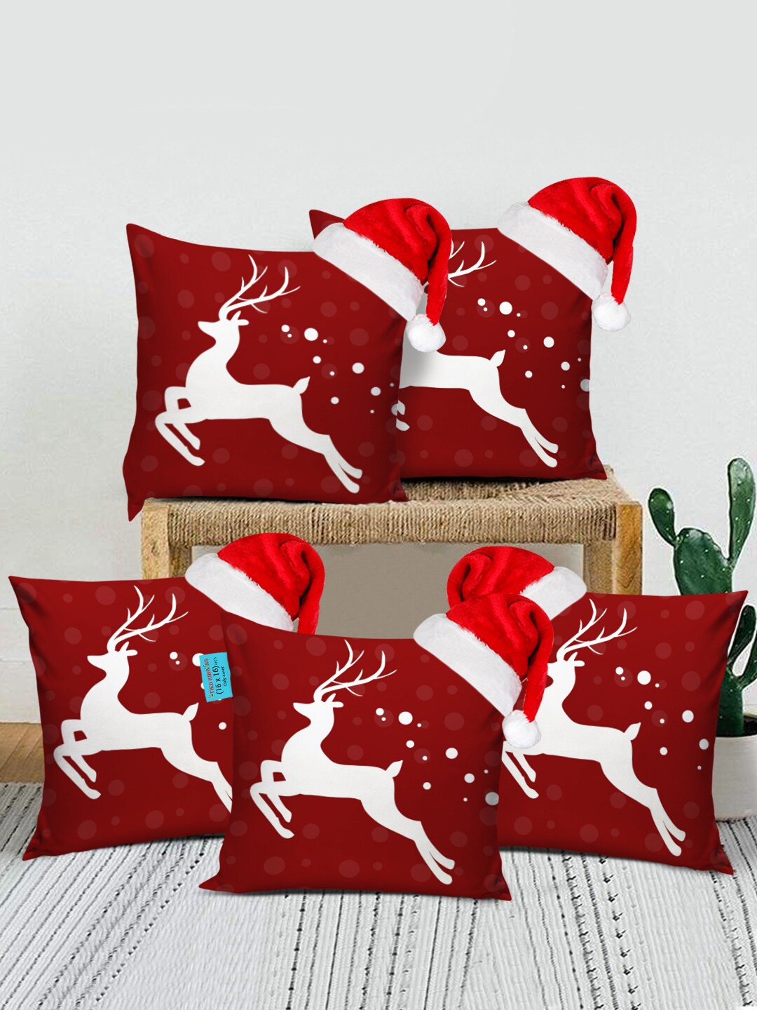 

TIED RIBBONS Red & White Set of 5 Satin Square Cushion Covers & Santa Caps