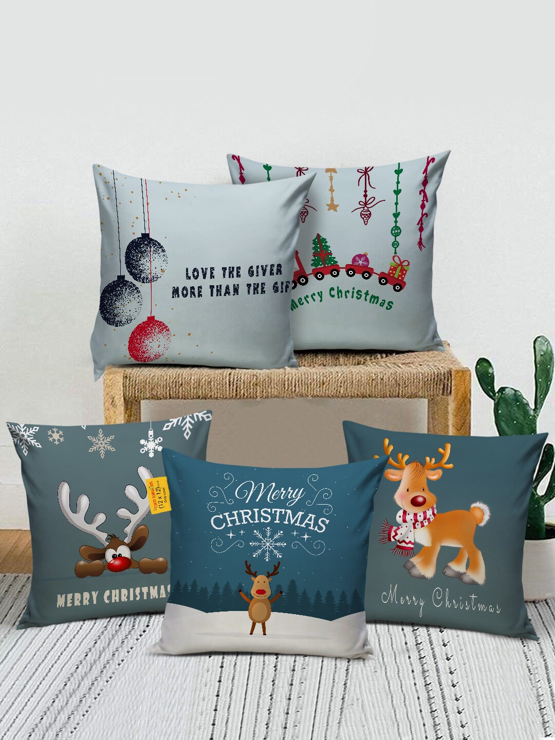 

TIED RIBBONS Blue & Grey Set of 5 Christmas Satin Square Cushion Covers
