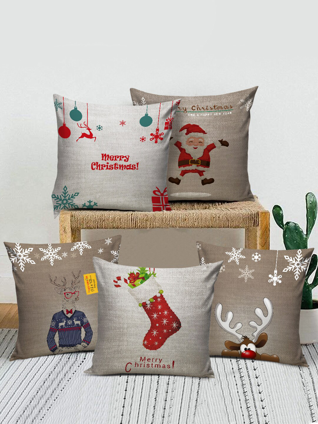 

TIED RIBBONS Grey & Red Set of 5 Christmas Printed Satin Square Cushion Covers