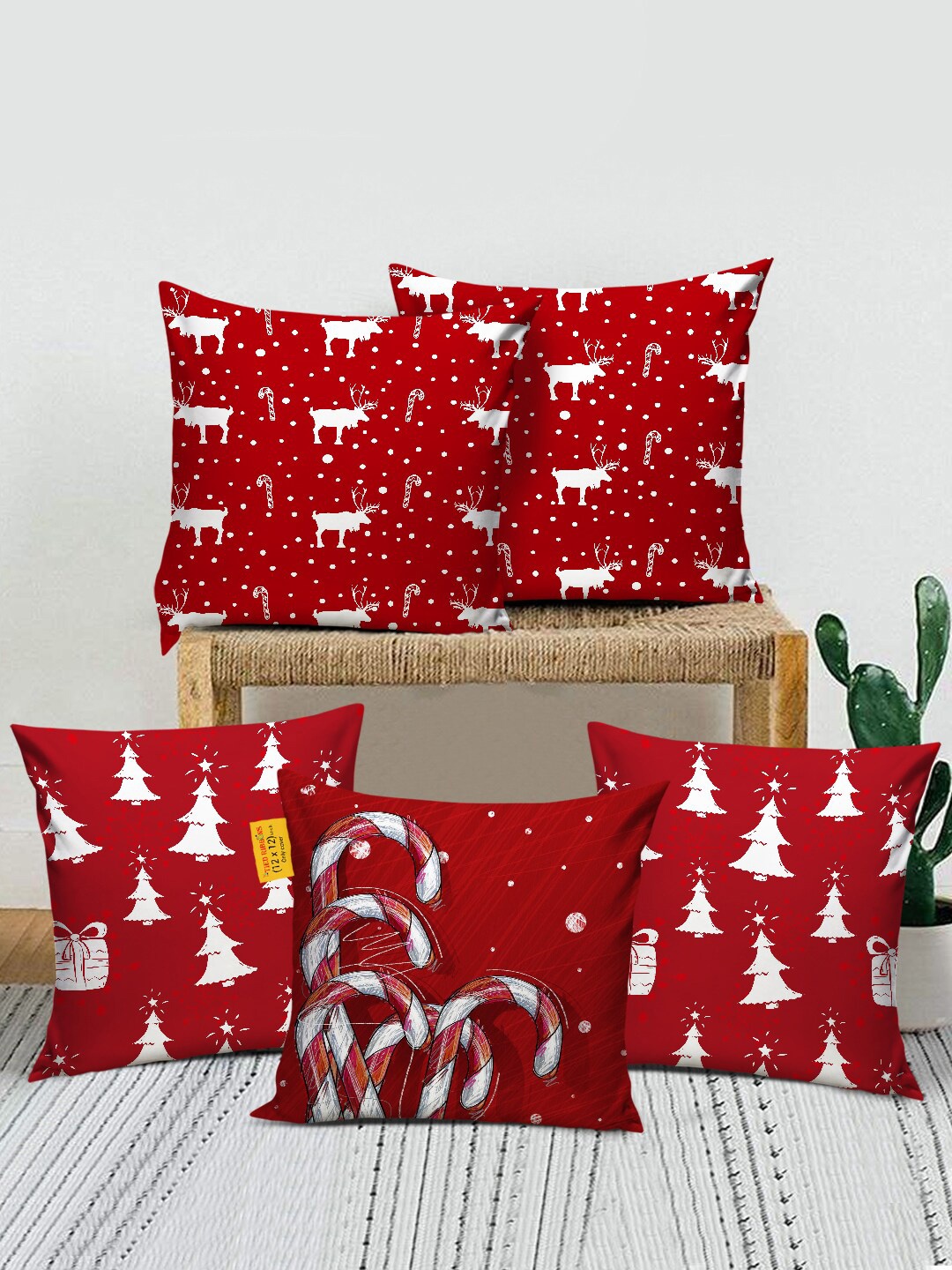 

TIED RIBBONS Set Of 5 Red Printed Cushion Covers