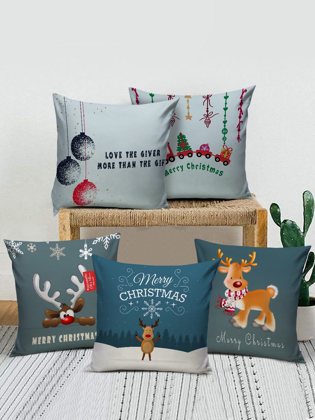 

TIED RIBBONS Set of 5 Christmas Printed Square Cushion Covers, Blue